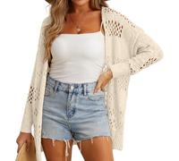 GRECERELLE Crochet Cardigan for Women Summer Beach Cover Up Lightweight Hollowed Out Open Front Long Cardigans Ladies Sun Protection Beachwear (Beige, XL)