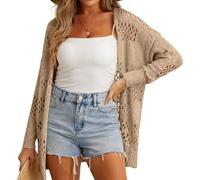 GRECERELLE Crochet Cardigan for Women Summer Beach Cover Up Lightweight Hollowed Out Open Front Long Cardigans Ladies Sun Protection Beachwear (Khaki, XXL)