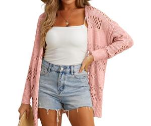 GRECERELLE Crochet Cardigan for Women Summer Beach Cover Up Lightweight Hollowed Out Open Front Long Cardigans Ladies Sun Protection Beachwear (Coral Pink, L)