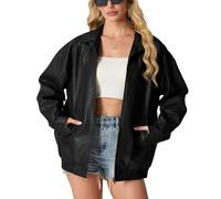 GRECERELLE Faux Leather Jacket Women with Zip Pockets, Black, L