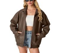 GRECERELLE Faux Leather Jacket Women with Zip Pockets, Brown, XXL
