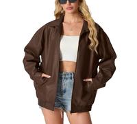 GRECERELLE Faux Leather Jacket Women with Zip Pockets, Dark Brown, XXL