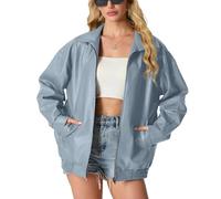 GRECERELLE Faux Leather Jacket Women with Zip Pockets, Misty Blue, L