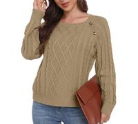 GRECERELLE Jumpers for Women UK Cable Knit Long Sleeve Tops Crew Neck Ladies Jumper Sweaters (Khaki, XL)