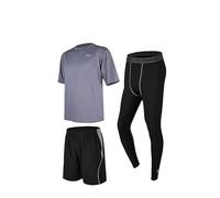 GRECERELLE Men's 3-Piece Athletic Set, Ultimate Performance Gear for Running & Fitness - Short Sleeve Top, Shorts, & Compression Tights