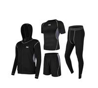 GRECERELLE Men's 4pc Sports Running Set, Ultimate Performance Gear for Running & Fitness - Short Sleeve Top, Shorts, Compression Tights, and Hoodie