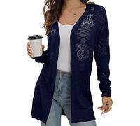 GRECERELLE Summer Cardigans for Women UK Lightweight Lace Hollow Out Knit Soft Long Sleeve Open Front Beach Coverups Ladies Solid Color Sun Protection (Navy Blue, XXL)