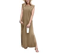 GRECERELLE Summer Maxi Dress Wedding Guest Maternity Party Casual Shirt Elegant Sleeveless Dresses for Ladies with Split and Pockets (Brown,S)