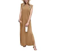 GRECERELLE Summer Maxi Dress Wedding Guest Maternity Party Casual Shirt Elegant Sleeveless Dresses for Ladies with Split and Pockets (Camel,S)