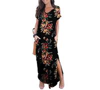 GRECERELLE Women Maxi Long Dress Summer Casual Beach Boho Short Sleeve V Neck Maxi Dresses with Pocket (FP Brown Black, M)