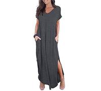 GRECERELLE Women Maxi Long Dress Summer Casual Beach Boho Short Sleeve V Neck Maxi Dresses with Pocket (Dark Grey, L)