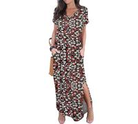 GRECERELLE Women Maxi Long Dress Summer Casual Beach Boho Short Sleeve V Neck Maxi Dresses with Pocket (Floral Black Daffodil, XL)