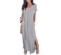GRECERELLE Women Maxi Long Dress Summer Casual Beach Boho Short Sleeve V Neck Maxi Dresses with Pocket (Grey, M)