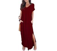 GRECERELLE Women Maxi Long Dress Summer Casual Beach Boho Short Sleeve V Neck Maxi Dresses with Pocket (Wine Red, L)