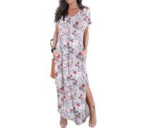 GRECERELLE Women Maxi Long Dress Summer Casual Beach Boho Short Sleeve V Neck Maxi Dresses with Pocket (Floral Grey Azalea, M)