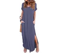 GRECERELLE Women Maxi Long Dress Summer Casual Beach Boho Short Sleeve V Neck Maxi Dresses with Pocket (Purple Grey, L)