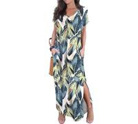 GRECERELLE Women Maxi Long Dress Summer Casual Beach Boho Short Sleeve V Neck Maxi Dresses with Pocket (Floral White Monotherapy, XXL)