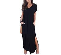 GRECERELLE Women Maxi Long Dress Summer Casual Beach Boho Short Sleeve V Neck Maxi Dresses with Pocket (Black, XXL)