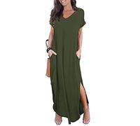 GRECERELLE Women Maxi Long Dress Summer Casual Beach Boho Short Sleeve V Neck Maxi Dresses with Pocket (Army Green, 3XL)