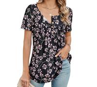 GRECERELLE Women Stretchy Blouse Round Neck T Shirts Ladies Causal Bottun Down Tops Short Sleeve Summer Tunic (Cherry Flowers, XXL)