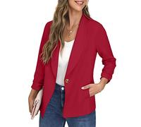 GRECERELLE Womens Blazer Suit Open Front Cardigan Ruched Sleeve Work Office Blazer Jacket with Buttons Pockets (Red, 8)