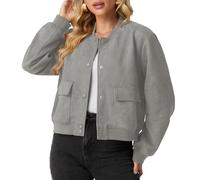 GRECERELLE Womens Bomber Jacket Long Sleeve Crop Casual Smart Biker Vintage Classic Work Shacket Coat for Ladies with Snap Buttons, Two Pockets, Elastic Cuffs and Hem