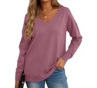 GRECERELLE Women's Casual Jumpers Sweatshirt Ladies Classic Plain Pullover Knit V Neck Long Sleeve Jumper Tops Blouse T-Shirt for Winter Fall Spring - Red_Grey