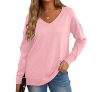 GRECERELLE Women's Casual Jumpers Sweatshirt Ladies Classic Plain Pullover Knit V Neck Long Sleeve Jumper Tops Blouse T-Shirt for Winter Fall Spring (13 Pink, XXL)