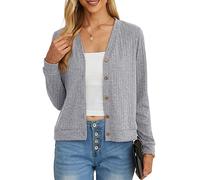 GRECERELLE Women's Crop Cardigan Summer Long Sleeve V-Neck Button Down Knit Lightweight Outerwear Shrug Shawl Bolero Cardigans for Ladies (Grey, L)