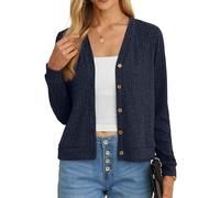 GRECERELLE Women's Crop Cardigan Summer Long Sleeve V-Neck Button Down Knit Lightweight Outerwear Shrug Shawl Bolero Cardigans for Ladies (Navy Blue, L)