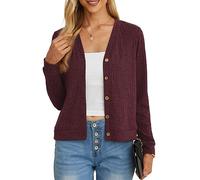 GRECERELLE Women's Crop Cardigan Summer Long Sleeve V-Neck Button Down Knit Lightweight Outerwear Shrug Shawl Bolero Cardigans for Ladies (Wine Red, L)