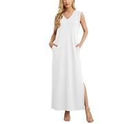 GRECERELLE Womens Dresses Summer Maxi Long Dress with Pockets V Neck Casual Dress for Women Elegant Ladies Holiday Sleeveless Split Hem (White, L)
