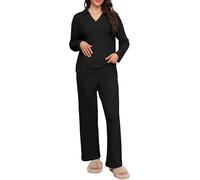 GRECERELLE Womens Ladies Pyjamas Ribbed Pjs for women Lounge Wear Sets Autumn 2 Piece Outfits Nightwear Polo Neck Long Sleeve Blouses Wide Leg Trousers Sleepwear Homewear (Black-M)
