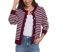GRECERELLE Womens Lightweight Cardigan Casual Frenchy Striped Button Down Long Sleeve Knit Jumper Ladies Cardigans (Wind Red White Striped,M)