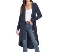 GRECERELLE Womens Long Cardigan Long Sleeve Lightweight Button Down Loose Outwear Cardigans Jacket with Pockets for UK Ladies (Navy Blue, XL)