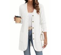 GRECERELLE Womens Long Cardigans Open Front Ladies Lightweight Ribbed Cardigan Casual V Neck Jackets with Pockets, Buttons for Women UK (White, L)