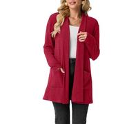 GRECERELLE Womens Long Cardigans Open Front Lightweight Elegant Casual Cardigan Ladies Shawl Neck Jumpers for Women UK with Pockets, Fall, Winter, Spring (Red, XXL)
