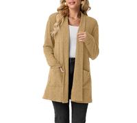 GRECERELLE Womens Long Cardigans Open Front Lightweight Elegant Casual Cardigan Ladies Shawl Neck Jumpers for Women UK with Pockets, Fall, Winter, Spring (Khaki, XL)