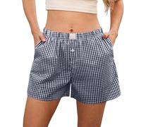 GRECERELLE Womens Plaid Pyjama Cotton Shorts Cute Boxer Shorts Ladies Causal Beach Bottoms Pj Lounge Y2K with Pockets (Navy Plaid, XL)