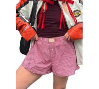 Grecerelle Womens Plaid Pyjama Cotton Shorts Cute Boxer Shorts Ladies Causal Beach Bottoms Pj Lounge Shorts Y2K With Pockets (Red Plaid, XL)