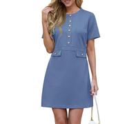 GRECERELLE Womens Retro Elegant A Line Work Dress Slim Fit Formal Office to Evening Dresses with Soft Stretch, Classic Round Neck (Denim Blue, M)