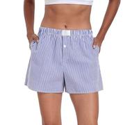 GRECERELLE Womens Striped Pyjama Cotton Shorts Cute Boxer Shorts Ladies Causal Beach Bottoms Pj Lounge Y2K with Pockets (Blue Stripe, XXL)