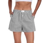 GRECERELLE Womens Striped Pyjama Cotton Shorts Cute Boxer Shorts Ladies Causal Beach Bottoms Pj Lounge Y2K with Pockets (Black Stripe, XXL)