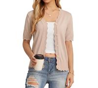 GRECERELLE Womens Summer Cardigan Knit Lightweight Button Down Short Sleeve Cardigans Ladies V-Neck Scalloped Edge Shrugs Cardigans
