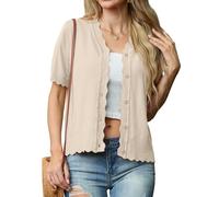 GRECERELLE Womens Summer Cardigan Lightweight Button Down Short Sleeve Cardigans Ladies Knit V-Neck Scalloped Shrugs Cardigans (Apricot, M)