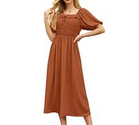 GRECERELLE Womens Summer Casual Midi Maxi Dress Square Neck Half Sleeve Ruffled Backless Smocked Elastic Waist Swiss Dot Cocktail Long Dresses for Ladies (Orange, XL)