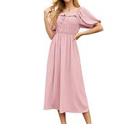 GRECERELLE Womens Summer Casual Midi Maxi Dress Square Neck Half Sleeve Ruffled Backless Smocked Elastic Waist Swiss Dot Cocktail Long Dresses for Ladies (Light Pink, M)
