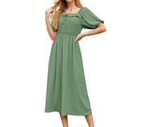 GRECERELLE Womens Summer Casual Midi Maxi Dress Square Neck Half Sleeve Ruffled Backless Smocked Elastic Waist Swiss Dot Cocktail Long Dresses for Ladies (Light Green, L)