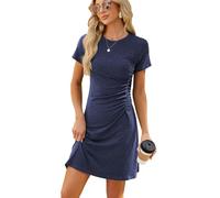 GRECERELLE Womens Summer Dresses Elegant Crew Neck Ruched Slim Fit Short Sleeve Mini Short Dress for Ladies (Navy, L)