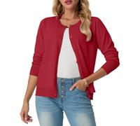 GRECERELLE Womens Summer Lightweight Cardigans Soft Knit Long Sleeve Ladies Red Cardigan Solid Crew Neck Jumper Casual Button Down Sweaters for Women UK,Summer Nights and Dating (Red, L)